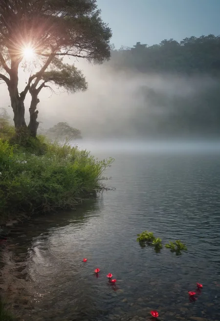 cinematic sci-fi style film, extreme long take, masterpiece, minute details, best quality, absurd resolution, serene, mystical scene with a calm lake into which a quiet stream flows. In the distance, on top of a small hill, partially hidden by light fog, stands an ancient alien temple. the corpse floats quietly on a quiet lake, and a lonely, tired traveler stands nearby, adding a touch of elegance to the scene. strange trees line the shore, their delicate red and white petals creating a beautiful contrast with the lush greenery. A variety of flowers dot the landscape, highlighting the natural beauty. The set is bathed in soft, faint sunlight, enveloping the entire stage in a warm, ethereal glow. The overall atmosphere is one of peaceful solitude and natural beauty, conveying the essence of a hidden hell.