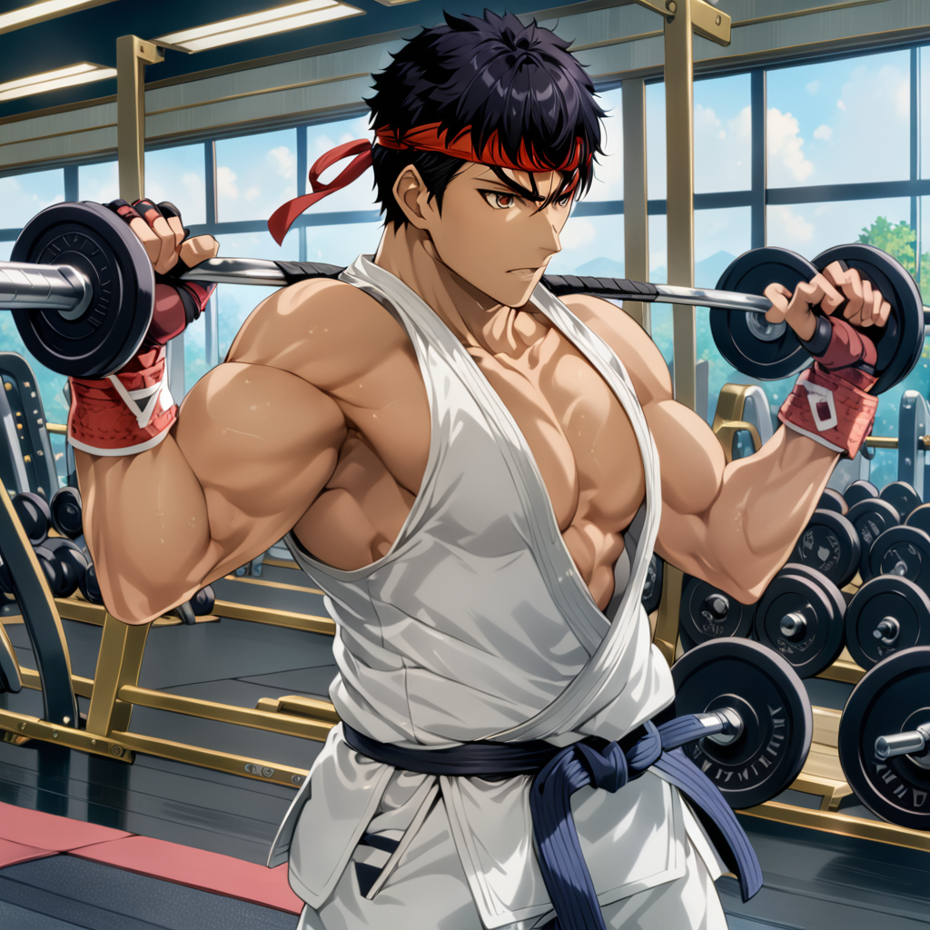 RyuSFXL, 1boy, training at the gym, lifting weights <lora:RyuSFXL:1.1>, white gi, red headband, (anime, masterpiece, intricate:1.3), (best quality, hires textures, high detail:1.2), (4k),(incredibly detailed:1.4),UHD, 8K, ultra detailed