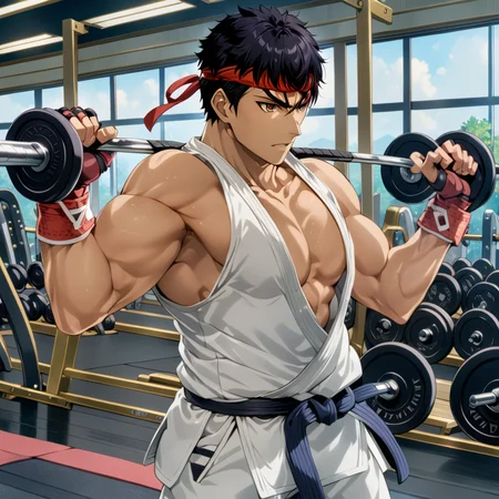 RyuSFXL, 1boy, training at the gym, lifting weights <lora:RyuSFXL:1.1>, white gi, red headband, (anime, masterpiece, intricate:1.3), (best quality, hires textures, high detail:1.2), (4k),(incredibly detailed:1.4),UHD, 8K, ultra detailed