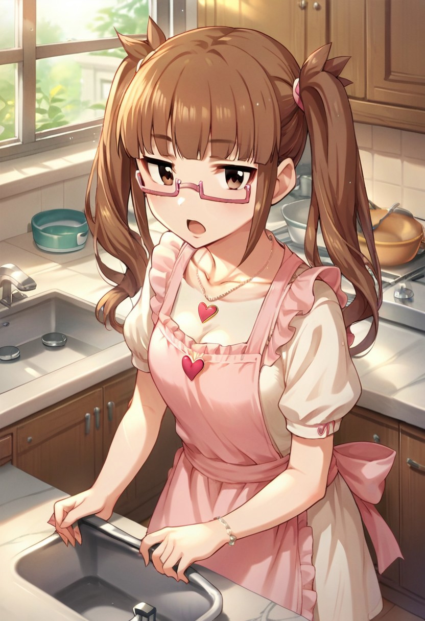 score_9, score_8_up, score_7_up, source_anime,ikebukuro akiha, brown hair, brown eyes, twintails long hair, semi-rimless eyewear, pink-framed eyewear, 1girl, solo, apron, kitchen, necklace, jewelry, open mouth, sink, indoors, looking at viewer, heart necklace