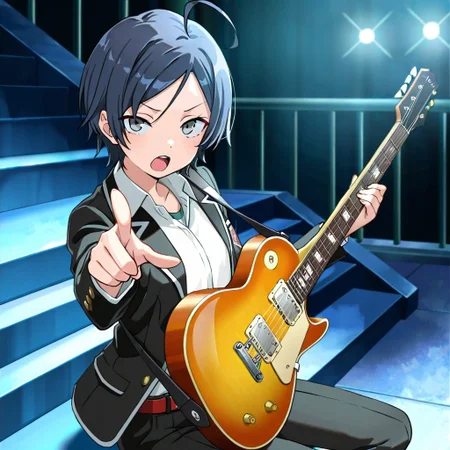 (masterpiece, best quality:1.4), looking at viewer, cowboy shot, outdoors, stairs, sitting, hachiman hikigaya Oregairu, ahoge, grey eyes, black pants, school uniform, black jacket, open jacket, white shirt, belt, playing instrument, electric guitar, singing, pointing at viewer, stage lights, dark background, ,masterpiece,best quality,amazing quality, <lora:hachiman_hikigaya_v1:0.7>