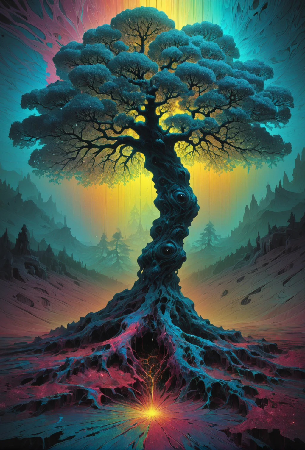 (abstract:1.4), (surreal), (style of beksinski:vallejo), random signals and noise, radioactive, vhs glitches, void entity, quantum superposition, fractal tree with glowing leaves, full visual spectrum, masterpiece, glitter, subsurface scattering, chromatic aberration, negative image, photorealistic