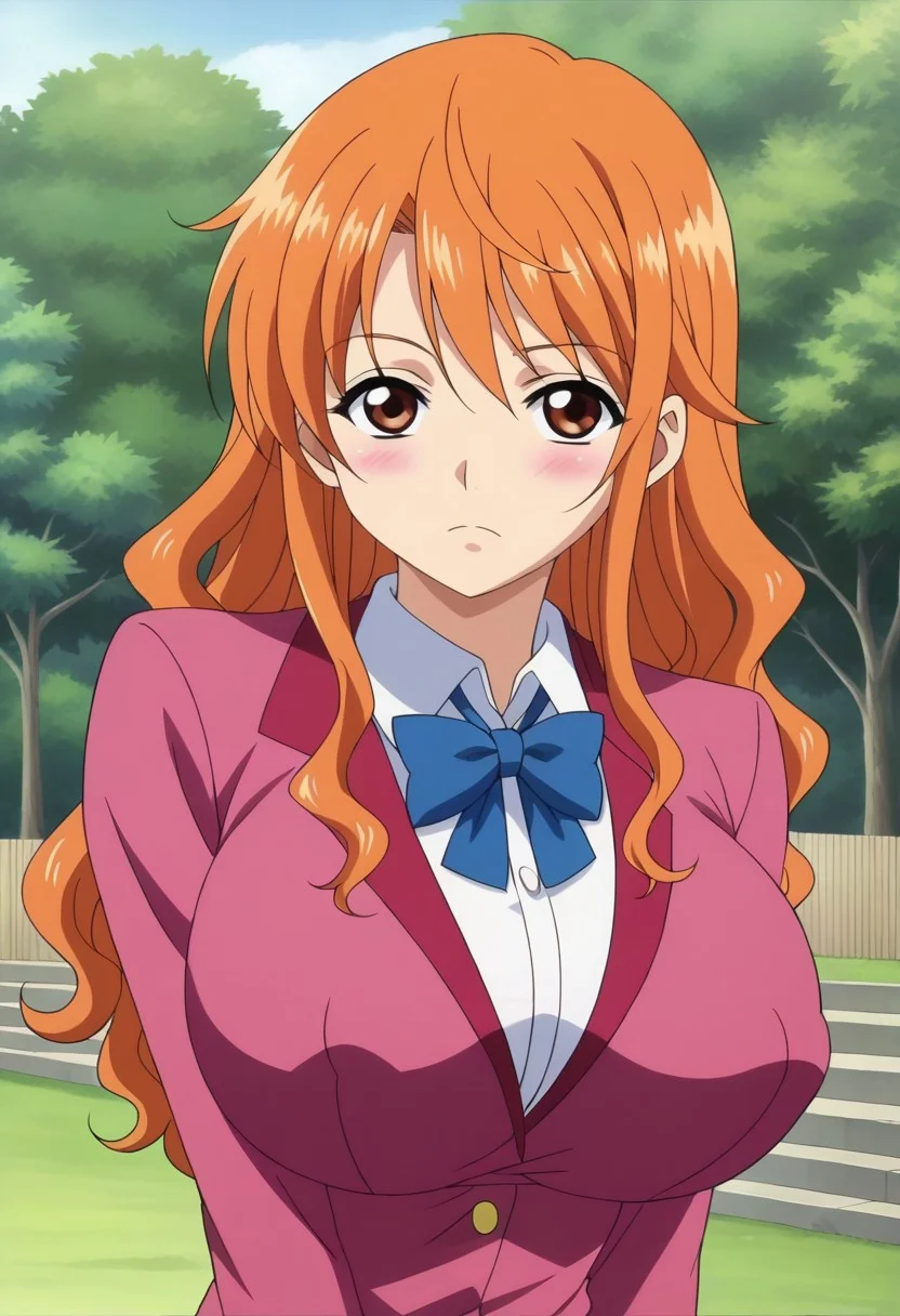 , source_anime, onepiecenami, <lora:one-piece-nami-s15-ponyxl-lora-nochekaiser:1> Nami, long hair, orange hair, brown eyes,,,,,official anime art,PUFFY nipple,,, ,,,,,, anime coloring, anime screencap, 1girl,Solo ,, anime,PUFFY nipple,huge breasts,official art,Uncensored ,,,