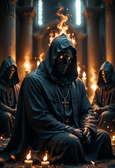 score_9, score_8_up, score_7_up, 1male, long sleeves, sitting, indoors, hood, blurry, kneeling, depth of field, glowing, own hands together, fire, cloak, hood up, robe, blurry foreground, candle, multiple others, hooded cloak, pillar, flame, statue, black cloak, praying, mask, covered face, dark back ground, dark lighting, back lighting,
depth of field, blurry background, black background, dark, embers, chaos, realistic, CINE,
<lora:unholy-000009:0.8> <lora:CINE-000008:0.4>