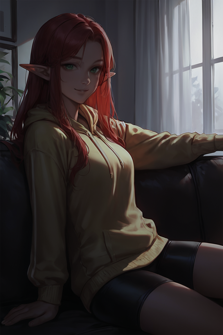 score_9, score_8_up, score_7_up, rating_safe, dark theme, low light, elf, pointy ears, red hair, long hair, green eyes, yellow hoodie, bike shorts, smile, 1girl, solo, looking at viewer, cowboy shot, sitting, on couch, couch, indoors, living room <lora:NAI3 Smooth Boys Low Light Style LoRA_Pony XL v6:0.8>
