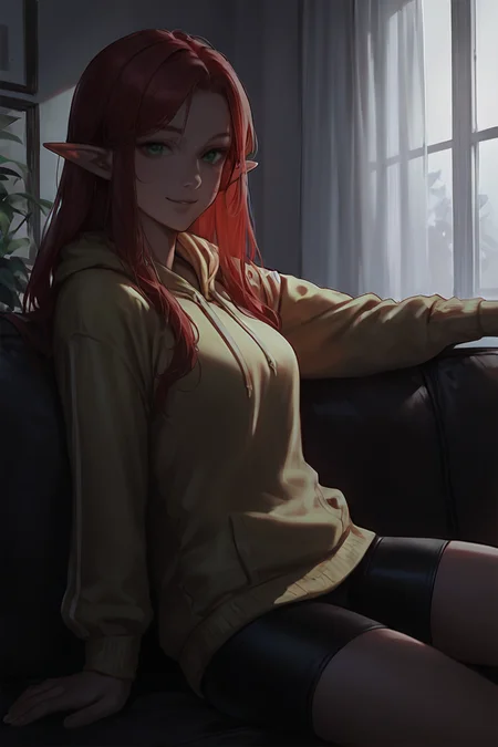 score_9, score_8_up, score_7_up, rating_safe, dark theme, low light, elf, pointy ears, red hair, long hair, green eyes, yellow hoodie, bike shorts, smile, 1girl, solo, looking at viewer, cowboy shot, sitting, on couch, couch, indoors, living room <lora:NAI3 Smooth Boys Low Light Style LoRA_Pony XL v6:0.8>