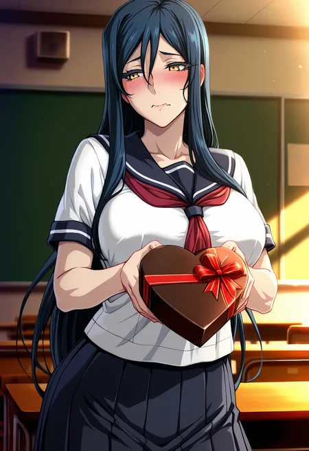 best quality, masterpiece, anime_screencap, hi res, best_quality, very aesthetic, absurdres, 8k, Vsfjy, 1girl, hair between eyes, yellow_eyes, long_eyelashes, blue_hair,
glamorous, slender, voluptuous,
large breasts, lipstick,
embarrassed, wavy_mouth,
school_uniform, serafuku, skirt, ribbon, presenting, chocolate, valentine, valentine's_day, happy_valentine, fantasy, beautiful lighting, ray traced, dim lighting, indoors, school, classroom