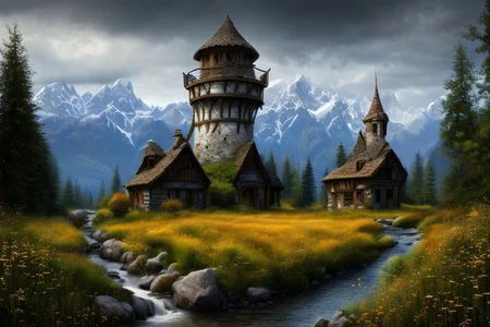 realistic analog photo, award winning photo,
fantfa, background, mountain, stream, trees, foreground, field, house, farm, witow, a wizard watch tower,
high-quality, crisp, sharp, professional-grade, high-resolution, fine detail, accurate colors, low noise, fast shutter speed, wide dynamic range, precise focus, RAW, highres, 8k, uhd, High Dynamic Range, tonemapping, crisp details,