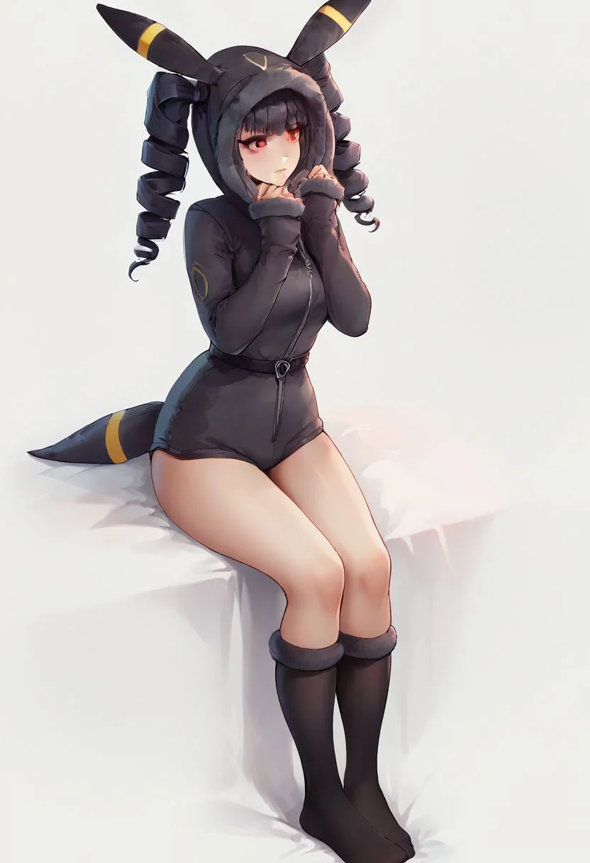 score_9, score_8_up, score_7_up, score_6_up, score_5_up, score_4_up, 1girl, celestia ludenberg, long hair, bangs, black hair, red eyes, long sleeves, twintails, drill hair, twin drills, curvy, source_anime, ears, hood up, onesie, tail, knee high socks, umbr30n, <lora:umbr30nXLP:0.6> full body, bedroom background, sitting on bed