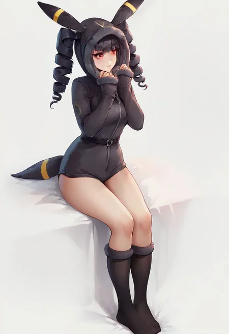 score_9, score_8_up, score_7_up, score_6_up, score_5_up, score_4_up, 1girl, celestia ludenberg, long hair, bangs, black hair, red eyes, long sleeves, twintails, drill hair, twin drills, curvy, source_anime, ears, hood up, onesie, tail, knee high socks, umbr30n, <lora:umbr30nXLP:0.6> full body, bedroom background, sitting on bed