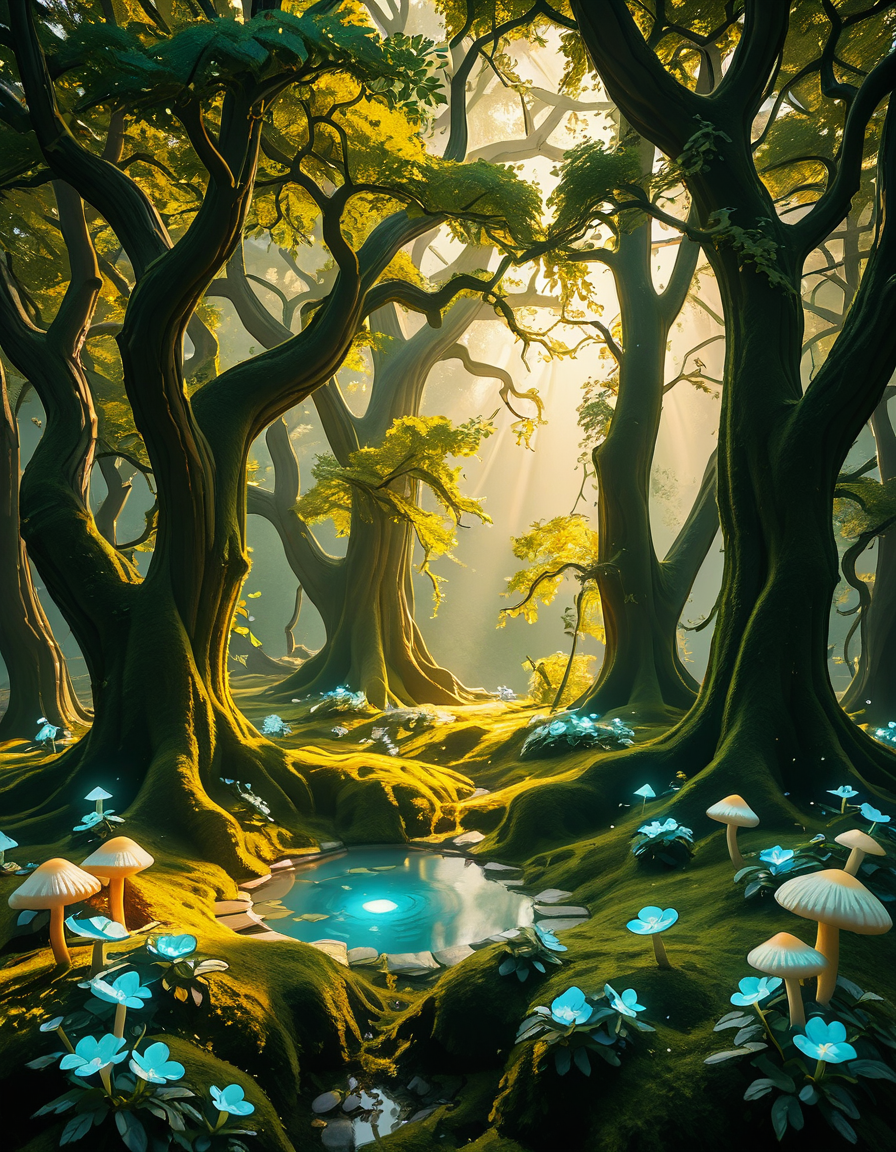 A mystical enchanted forest bathed in a soft, ethereal glow. Towering ancient trees with twisted roots and bioluminescent moss create a dreamlike atmosphere. The air is filled with a faint, magical mist that swirls gently around vibrant, oversized mushrooms and glowing blue and purple flowers. Delicate fireflies and tiny floating orbs of light hover in the air, illuminating the dense foliage with a magical shimmer. A narrow, winding path covered in soft moss leads deeper into the mysterious woodland, where faint beams of golden sunlight filter through the thick canopy, casting intricate patterns on the forest floor. The colors are rich and vibrant, with deep emerald greens, soft blues, and glowing purples creating a surreal and otherworldly ambiance. The scene is highly detailed and photorealistic, capturing the textures of the moss-covered tree trunks, the luminescent flora, and the misty, dreamlike atmosphere of the enchanted forest.
<lora:SDXLFaeTastic2400:0.4> <lora:extremely_detailed:0.4> extremely detailed,<lora:3nch4nt3d_f0r3st-ill:1>,3nch4nt3d f0r3st, Masterpiece,best quality,hi res,8k,hi res,8k,award winning,(sharp focus, intricate, highly detailed),