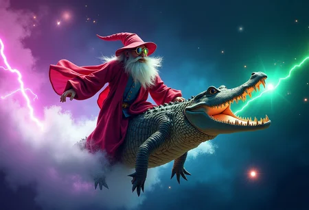 In an 8K, high-quality action scene, a playful wizard surfs through space on a crocodile, leaving a bright neon violet and green trail behind him as well as lightning and thunders. His long beard and colorful crimson robes flow in the cosmic wind as he stands on the gator like back like a surfboard. Stars and planets zoom by, while his eyes sparkle with joy and adventure. The scene is vibrant and real, real life picture, galaxies, plantes and stars, nebula, real life wizard, cinematic picture, high quality picture, long gray beard, wizard hat, 3d glasses, trippy
