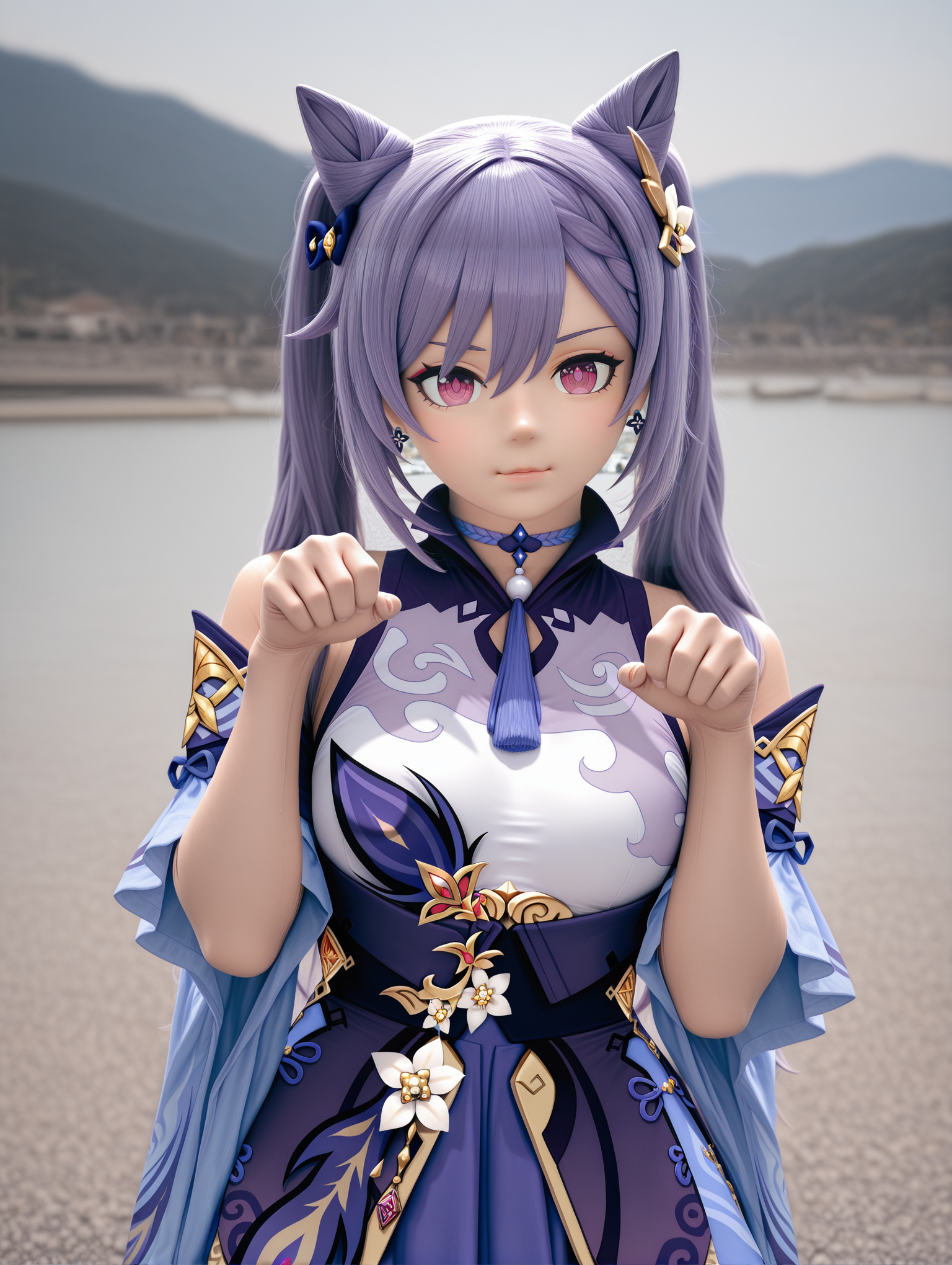 1girl, keqing \(genshin impact\), paw pose, 
animegao, cosplay photo, photorealistic, blurry background, photo background
,masterpiece,best quality,amazing quality,  <lora:[Illustrious] Animegao Kigurumi v2 (MikuMasterRace):1>