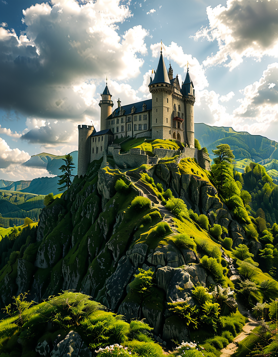 A realistic photograph of a grand medieval castle,medieval c4stl3, perched atop a rugged hill, surrounded by a scenic landscape. The castle is constructed from weathered gray stone, with tall, imposing towers, battlements, and a fortified wall encircling its perimeter. A large central keep rises above the other structures, its windows narrow and arched, evoking a sense of strength and history.
The hill is covered in patches of green grass and rocky outcrops, with a winding dirt path leading up to the castle gates. In the foreground, the surrounding countryside stretches out, dotted with small trees and wildflowers, while in the distance, rolling hills and a faint mist add depth and atmosphere to the scene. The sky above is partly cloudy, with rays of sunlight breaking through, casting dramatic shadows on the castle and hill.
The overall mood is majestic and timeless, capturing the grandeur and mystery of medieval architecture in harmony with its natural surroundings.<lora:SDXLFaeTastic2400:0.4> <lora:extremely_detailed:0.4> extremely detailed, <lora:medieval_c4stl3:1>, Masterpiece,best quality,hi res,8k,hi res,8k,award winning,(sharp focus, intricate, highly detailed),