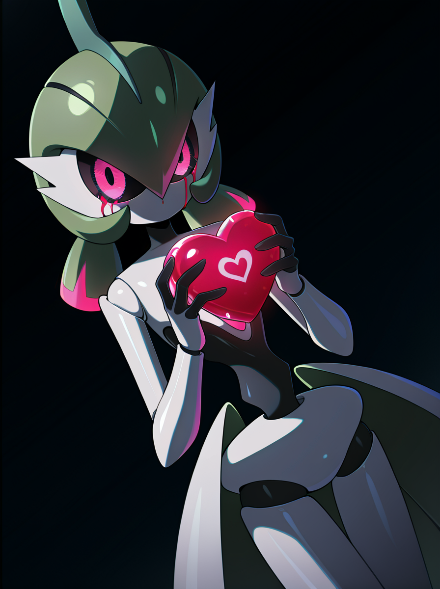masterpiece, best quality, amazing quality, very aesthetic, absurdres, newest  anime screenshot,  anime coloring,  <lora:ironvalinatillust:1>green hair, ironvaliantillust, pokemon (creature), colored skin,, white skin, pink eyes, humanoid robot,  holding heart,  looking at viewer,  simple background,  black background, dutch angle, broken_heart  blood from eyes,   night, dark_light