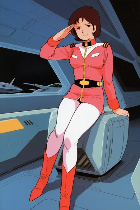 masterpiece, best quality, amazing quality, absurdres, miraiyashima79, brown hair, solo, salute, smile, looking at viewer, pink military uniform, white pants, red boots, large breasts, indoors, spacecraft, science fiction, retro artstyle