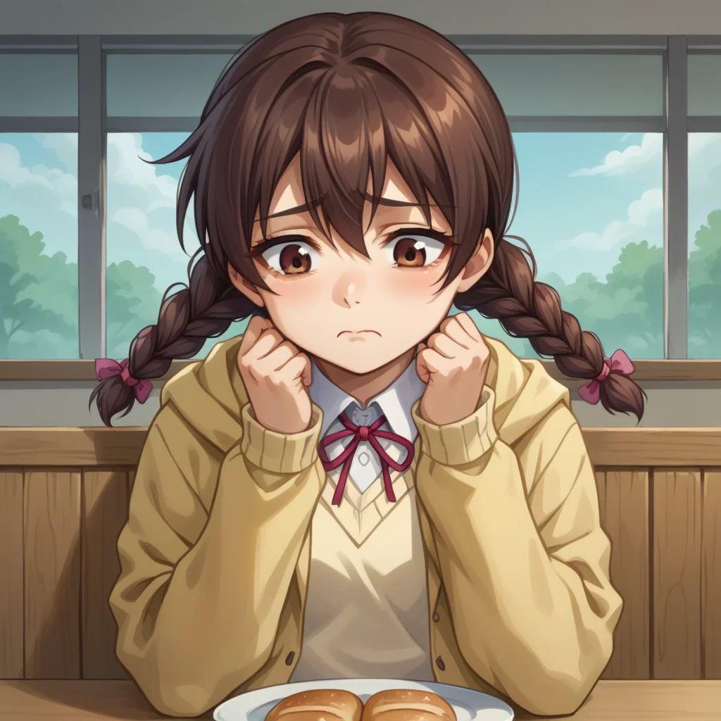 score_9, score_8_up, score_7_up, BREAK best quapoty, highres, absurdres, source_anime,GDNanao, twin braids, school uniform, sweater, jacket, upper body, sitting, bread and water soup, dining table, sad, closed mouth, <lora:PDXL_GDNanao:1>