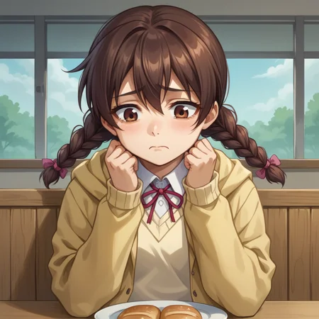 score_9, score_8_up, score_7_up, BREAK best quapoty, highres, absurdres, source_anime,GDNanao, twin braids, school uniform, sweater, jacket, upper body, sitting, bread and water soup, dining table, sad, closed mouth, <lora:PDXL_GDNanao:1>