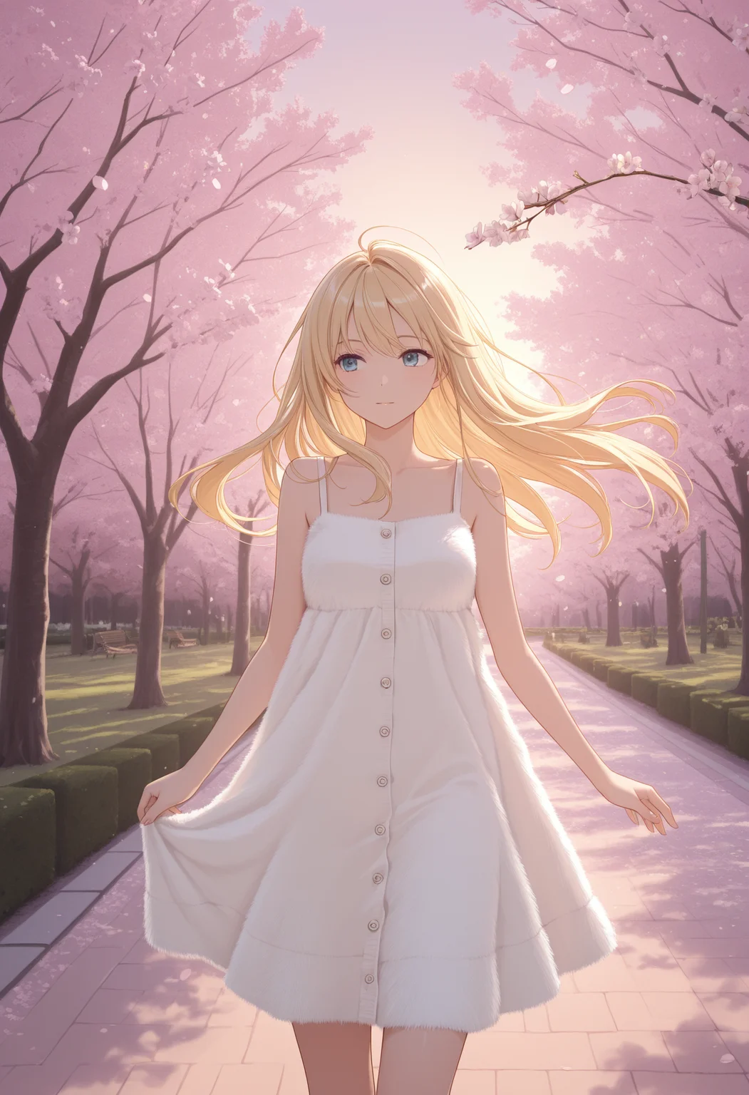 masterpiece, best quality,
1girl, blonde hair, long hair,
sundress, fur dress,
park, cherry blossoms, floating hair, buttons, evening,
<lora:real_fur_v0.4-illu10:1>
