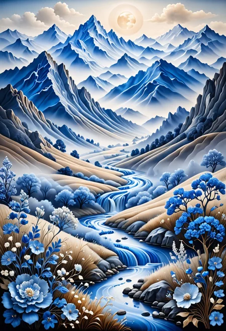 Gorgeous landscape,mountains in the distance,fogg rolling hills,Bluepatternporcelain ,blue fluid,gems,dried flowers,hyperrealistic,see-through