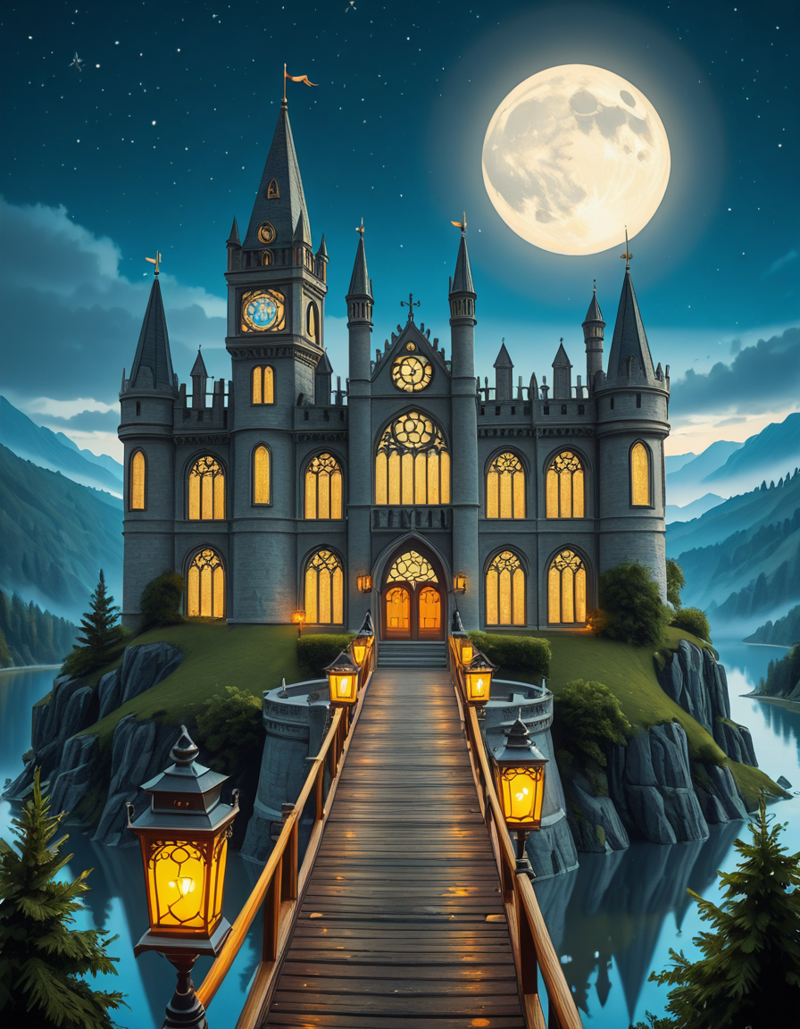 A majestic, ancient castle perched on a rocky hill, serving as a prestigious school for young wizards. The castle is a grand structure with towering spires, intricate gothic architecture, and large stained-glass windows that glow with magical energy. The stone walls are covered in ivy, and enchanted lanterns float around the entrance, casting a soft, mystical glow. A massive wooden bridge leads to the main gate, suspended over a misty, enchanted lake that reflects the moonlight. In the background, rolling green hills and dense, fog-covered forests surround the school, adding an air of mystery. The sky is a deep twilight blue, with stars twinkling and a full moon shining brightly. Some windows in the castle emit warm, golden light, hinting at classrooms filled with spellbooks and students practicing magic. A few owls are seen soaring above, delivering messages. The atmosphere is magical, mysterious, and full of wonder, as if the castle itself is alive with enchantments.
<lora:SDXLFaeTastic2400:0.4> <lora:extremely_detailed:0.4> extremely detailed,ancient c4stl3, <lora:ancient_c4stl3-i:1>, Masterpiece,best quality,hi res,8k,hi res,8k,award winning,(sharp focus, intricate, highly detailed),