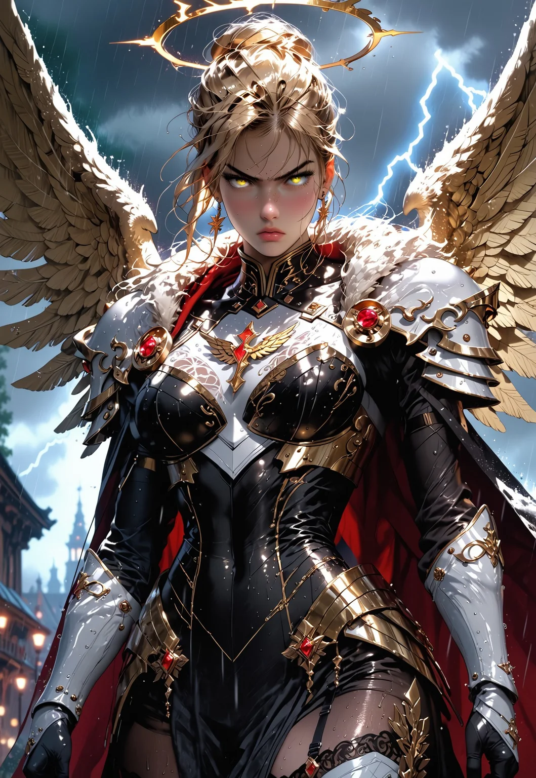 safe_pos, 1girl, sfw, gorgeous, freckles, shiny wet skin, detailed skin, detailed face, fierce:2, angry, intense glare, arched back:2, dynamic pose:2, perfect eyes, eye contact, black pupils:1.5, piercing gaze, glowing eyes, enormous valkyrie wings:2, flaming halo, decorative mystic armor, huge wings:2, action pose, slight cleavage:0.2, slight skin:0.5, armored skirt:2, billowing skirt, skirt, flowing cape, intricate armor, shiny armor, perfect hands:2, perfect fingers, eyeliner, relaxed hands, covered breasts, thigh highs, leggings, armored boots, armored thighs, exposed neck, exposed collar bones:1.5, exposed lower thigh, showing slight leg,
BREAK
public place:2, outdoors, rain, rainy day, dark sky, dusk, lightning strike:2, stormy sky, lightning in sky, huge valkyrie wings behind her,
BREAK
score_9, score_8_up, score_8, masterpiece, best quality, official art, extremely detailed, absurdres, high definition, photorealism, detailed shading, high contrast, ambient occlusion,
BREAK
dynamic angle:1.5, cowboy shot:1.5, focus face,
expressiveh, g4n1m3, comicbookpage style, mythp0rt,