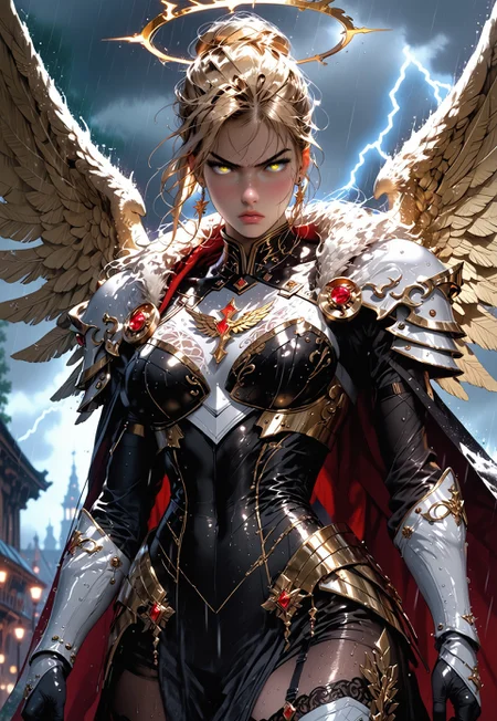 safe_pos, 1girl, sfw, gorgeous, freckles, shiny wet skin, detailed skin, detailed face, fierce:2, angry, intense glare, arched back:2, dynamic pose:2, perfect eyes, eye contact, black pupils:1.5, piercing gaze, glowing eyes, enormous valkyrie wings:2, flaming halo, decorative mystic armor, huge wings:2, action pose, slight cleavage:0.2, slight skin:0.5, armored skirt:2, billowing skirt, skirt, flowing cape, intricate armor, shiny armor, perfect hands:2, perfect fingers, eyeliner, relaxed hands, covered breasts, thigh highs, leggings, armored boots, armored thighs, exposed neck, exposed collar bones:1.5, exposed lower thigh, showing slight leg,
BREAK
public place:2, outdoors, rain, rainy day, dark sky, dusk, lightning strike:2, stormy sky, lightning in sky, huge valkyrie wings behind her, 
BREAK
score_9, score_8_up, score_8, masterpiece, best quality, official art, extremely detailed, absurdres, high definition, photorealism, detailed shading, high contrast, ambient occlusion, 
BREAK
dynamic angle:1.5, cowboy shot:1.5, focus face, 

expressiveh, g4n1m3, comicbookpage style, mythp0rt, 