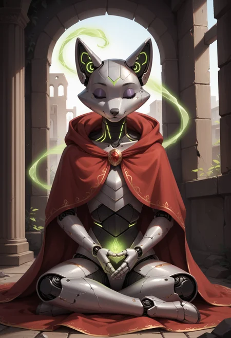 score_9, score_8_up, score_7_up, source_furry, high quality, perfection, detailed, aesthetic, well-lighted,
abandoned, ruins, shattered,
1girl, solo,
anthro, metallic body, beautiful girl, cute girl, adult, youthful, beautiful face,
(robot fox:1.2), (no hair, hairless, bald),
red cloak, hooded cloak,
sitting, meditation, indian sitting, closed eyes, (healing aura:1.2), (green aura:1.4), glowing aura,