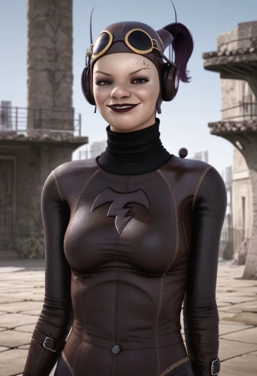 1girl, freckles, brown eyes, thin eyebrow tattoos, dark purple hair, dark lipstick, brown leather helmet, goggles on head, brown headphones, gloves, boots, turtleneck, black and brown bodysuit, realistic, score_8_up, score_7_up, BREAK, 1girl, solo, looking at viewer, cute, smiling, smug, walking, waving at viewer, female focus, looking at viewer, detailed background, 4k, masterpiece, best quality, highly detailed, realistic, full shot
