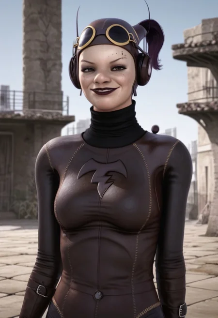 1girl, freckles, brown eyes, thin eyebrow tattoos, dark purple hair, dark lipstick, brown leather helmet, goggles on head, brown headphones, gloves, boots, turtleneck, black and brown bodysuit, realistic, score_8_up, score_7_up, BREAK, 1girl, solo, looking at viewer, cute, smiling, smug, walking, waving at viewer, female focus, looking at viewer, detailed background, 4k, masterpiece, best quality, highly detailed, realistic, full shot