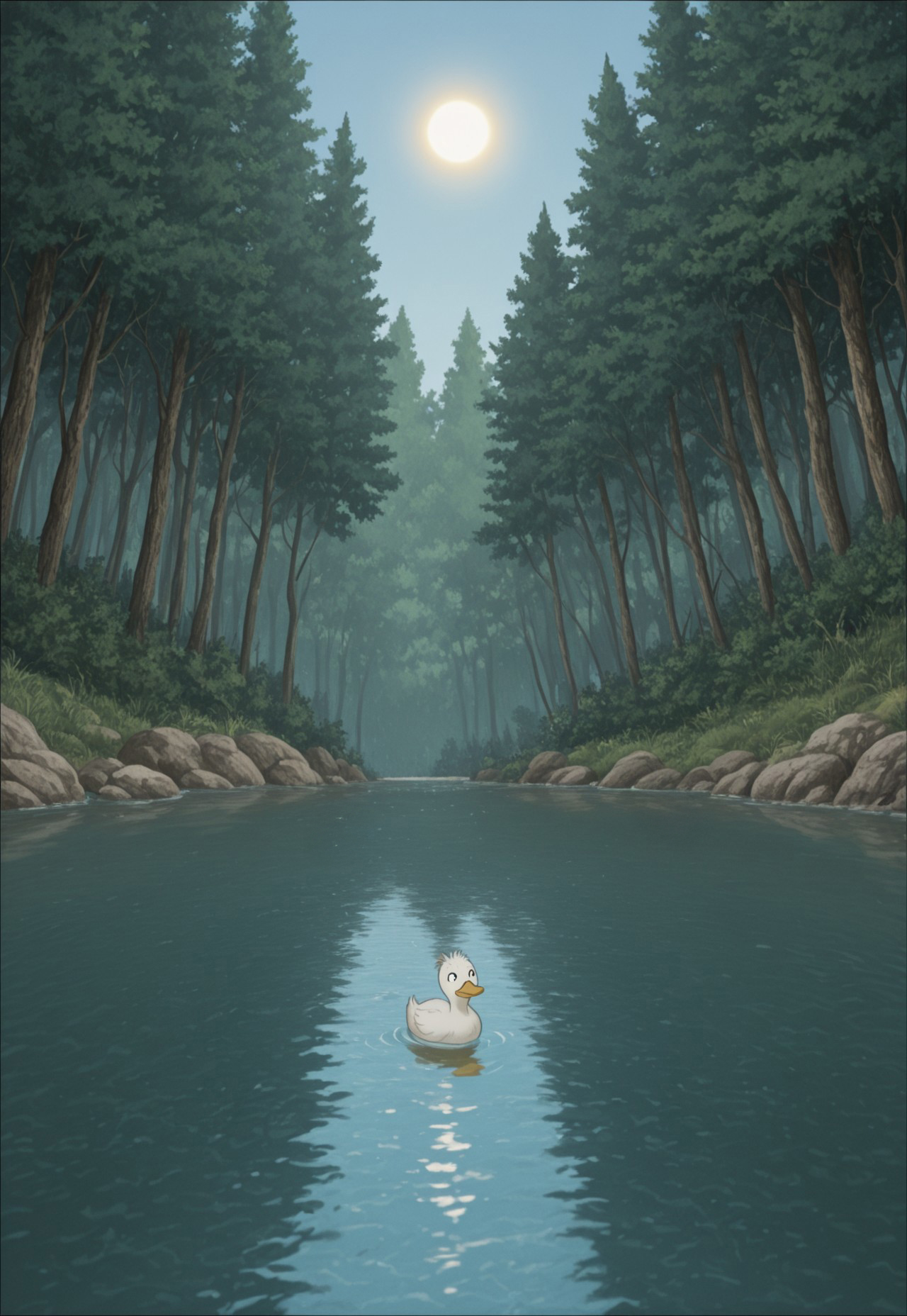 AnYnMovieStyle, duck, pond, swimming, forest, day, sun, animal focus