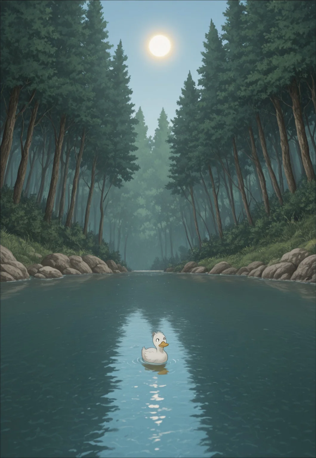 AnYnMovieStyle, duck, pond, swimming, forest, day, sun, animal focus