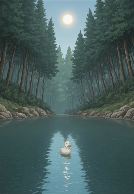AnYnMovieStyle, duck, pond, swimming, forest, day, sun, animal focus