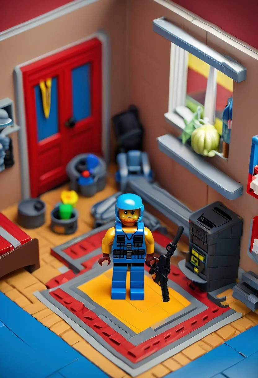 novuschroma53 style a handmade, cartoon, statue of a G.I. Joe, in combat with toys, in a boys room, full body, isometric, top down, game asset, handmade, game icon, cartoon