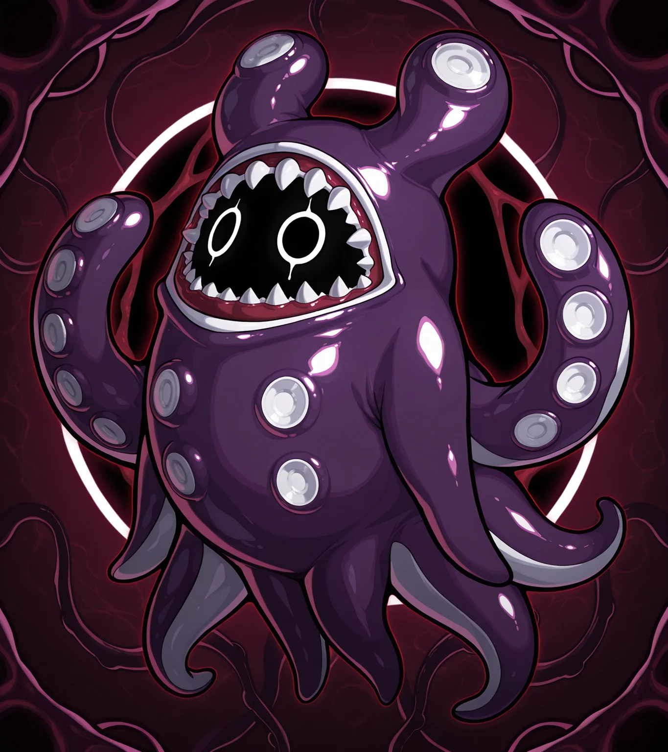 masterpiece, best quality, (solo bangboo), yogg-saron, thulhu mythos background, white circle eyes, full body, purple octopus monster, sharp teeth kigurumi, multiple tentacles limbs, Hectocotylus, octo ears, thick outline, horror, floating, suction cups, scylla squid, devouver of worlds, <lora:bangboo-v2-illustrious:0.9>