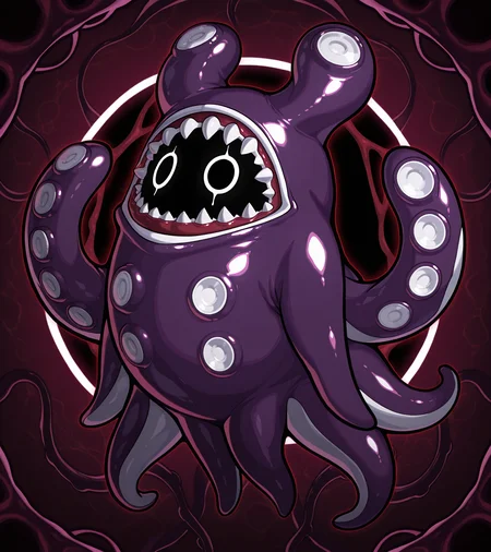 masterpiece, best quality, (solo bangboo), yogg-saron, thulhu mythos background, white circle eyes, full body, purple octopus monster, sharp teeth kigurumi, multiple tentacles limbs, Hectocotylus, octo ears, thick outline, horror, floating, suction cups, scylla squid, devouver of worlds, <lora:bangboo-v2-illustrious:0.9>