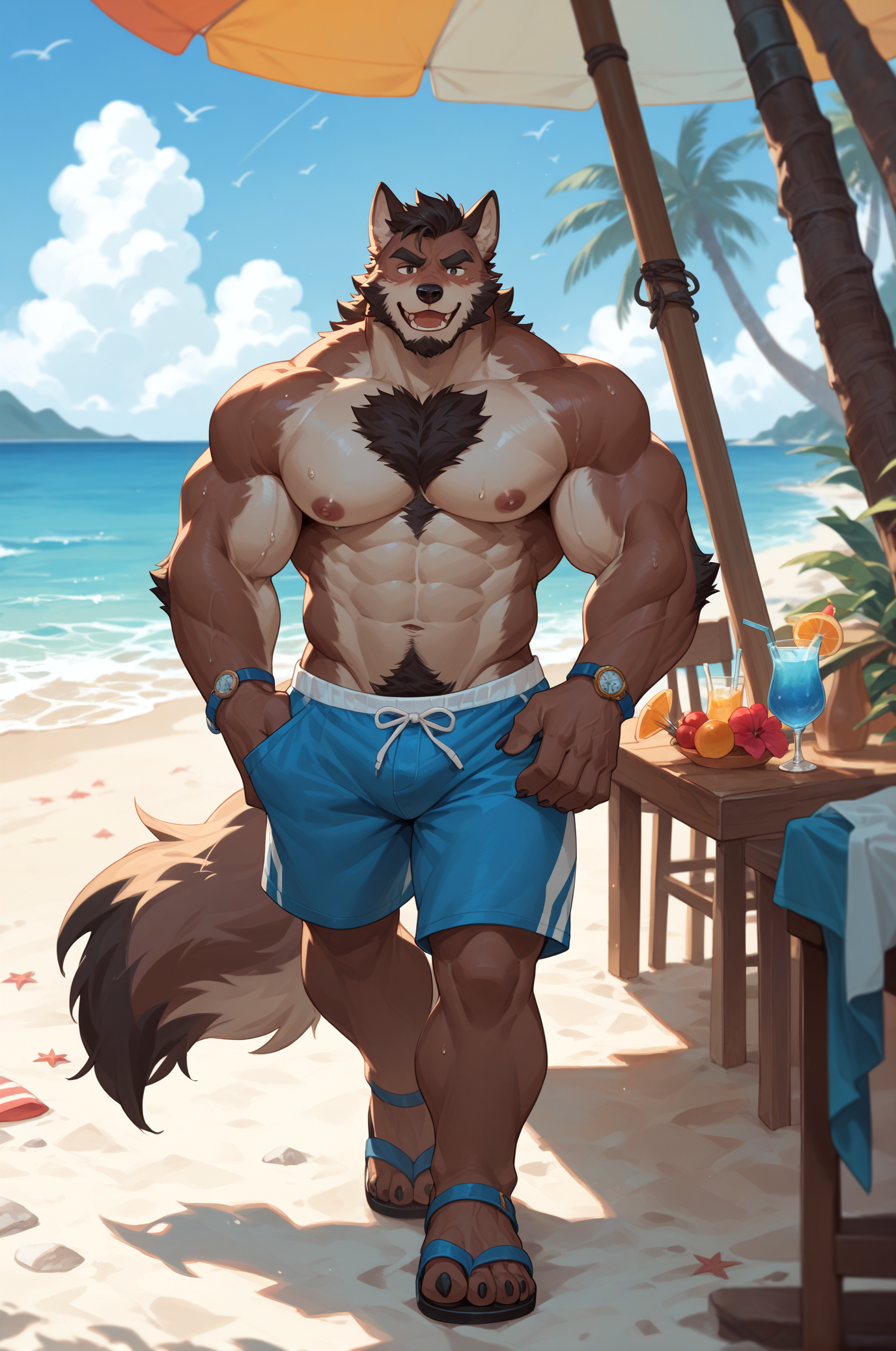 score_9,score_8_up,score_7_up,score_6_up,furry,kemono,high quality,full body,tail,furry,rating_explicit,embedding:zPDXL3 BREAK anthro male furry,solo,Animation style,
(very hairy chest, very hairy abdomen, pubic hair, hand hair, thigh hair, veins, bara, manly, mature man,sexy daddy),( beach, seaside party, swimsuit and shorts, crotch protrusion, sandals, walk, sexy eyes,  hot summer, sweat, body fluids, diving),wolf tail,