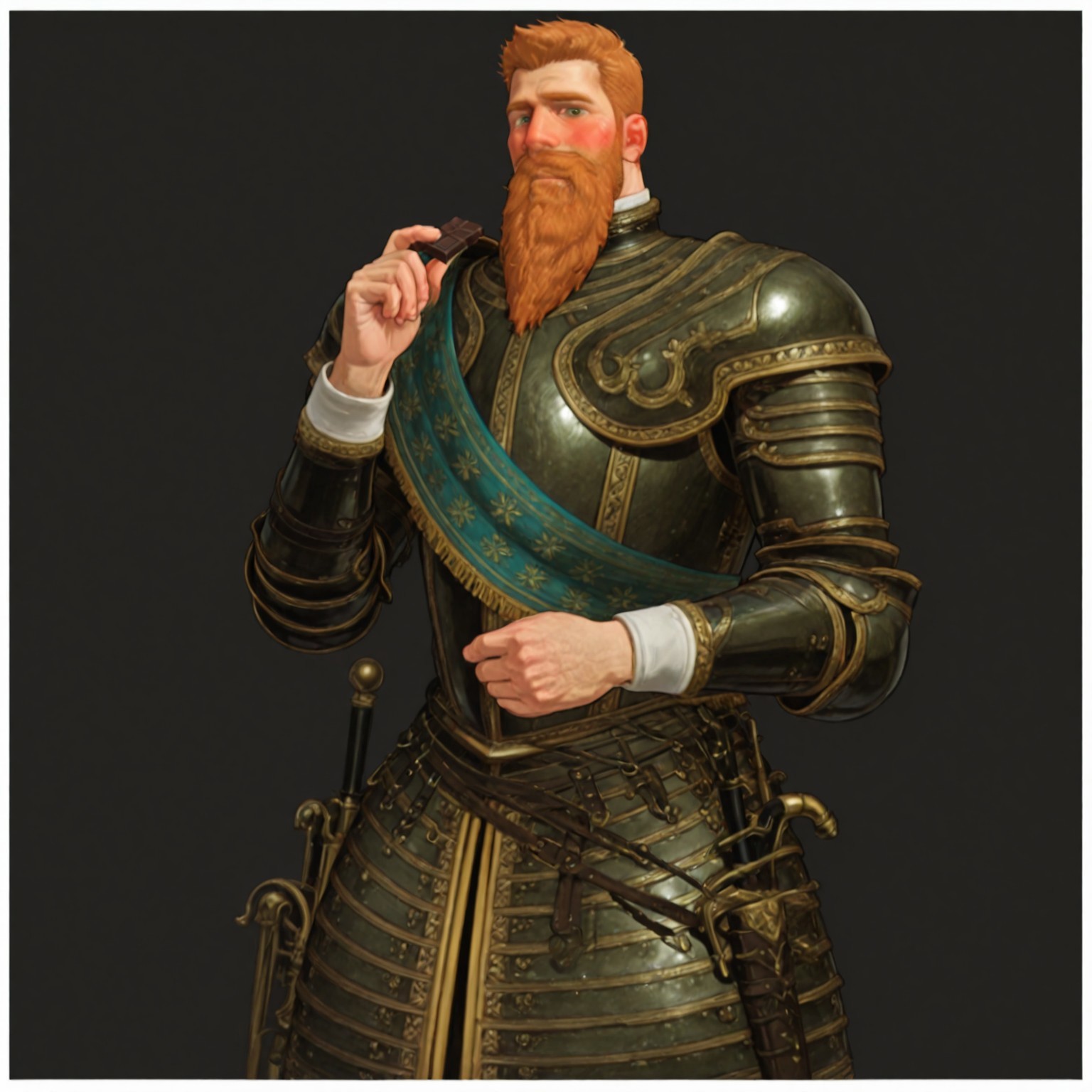 masterpiece, best quality, newest, absurdres, highres, Diz_D00dz, white borders around characters, soft light, BREAK bara, muscular, 1man, male focus, male, male focus, 1boy, GustavusIICIVV, dark green eyes, ginger hair, short hair, facial hair, long beard, mustache, handlebar moustache, thin eyebrows, metal armor, {{beefy}}, {{muscular}}, {{large}}, smirk, looked at the viewer, close up to face, blushing, eating chocolate, chocolate bar in hand, looking at chocolate bar