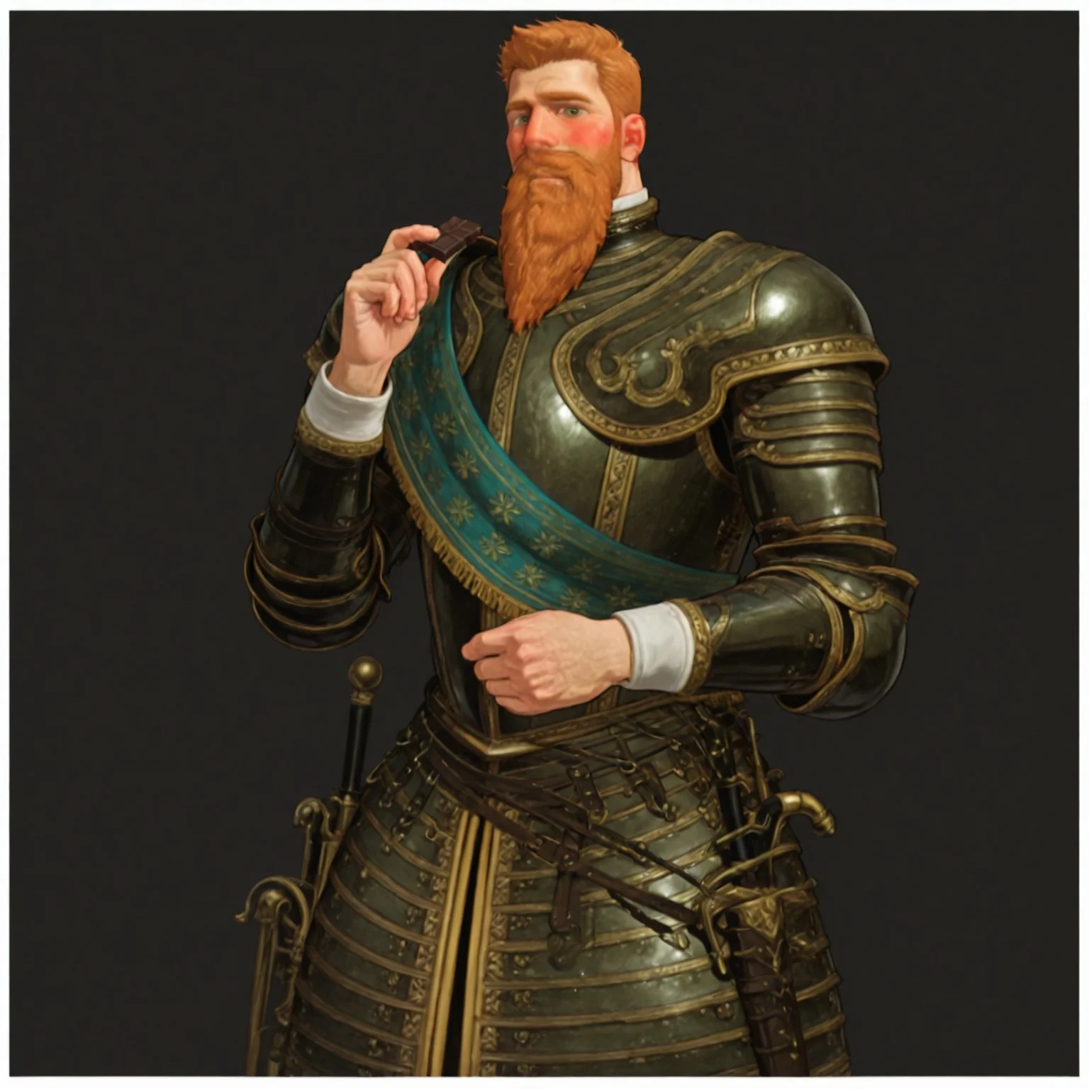 masterpiece, best quality, newest, absurdres, highres, Diz_D00dz, white borders around characters, soft light, BREAK bara, muscular, 1man, male focus, male, male focus, 1boy, GustavusIICIVV, dark green eyes, ginger hair, short hair, facial hair, long beard, mustache, handlebar moustache, thin eyebrows, metal armor, {{beefy}}, {{muscular}}, {{large}}, smirk, looked at the viewer, close up to face, blushing, eating chocolate, chocolate bar in hand, looking at chocolate bar