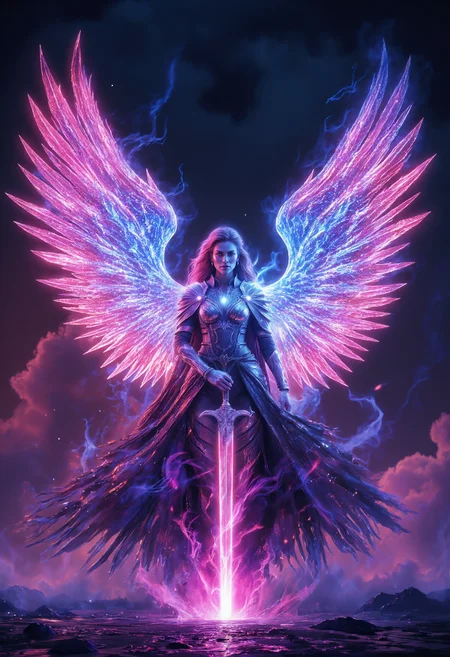 neonpunk style cinematic film still close up portrait of A powerful, beautiful Asgardian warrior woman poses dynamically tall with glowing, ethereal wings arching from her back. The wings are large and feathered, radiating a mesmerizing glow that shifts from vibrant pink at the base to a soft blue at the edges, as if woven from pure energy. Each feather appears semi-transparent, catching and reflecting light with a crystalline effect, casting a magical aura around her. Her wings pulse gently with a mystical light, accentuating her fierce, otherworldly presence. Dressed in ornate, silver and purple Asgardian armor with intricate engravings, she holds a mighty prismatic sword, against a dramatic, darkened landscape under a stormy sky, illuminated by flashes of lightning. The overall scene is majestic, with an aura of ancient power and celestial beauty
<lora:zavy-spctrlglw-fxl:0.7> zavy-spctrlglw, luminescent, spectral glow, iridescent, ethereal velvet_myst <lora:aidmaGLOWV4wc:0.5> aidmaglow <lora:flux.1_lora_flyway_Epic-detail_v2:0.5> <lora:aura_v2_beta2:0.6> auralora . shallow depth of field, vignette, highly detailed, high budget, bokeh, cinemascope, moody, epic, gorgeous, film grain, grainy . cyberpunk, vaporwave, neon, vibes, vibrant, stunningly beautiful, crisp, detailed, sleek, ultramodern, magenta highlights, dark purple shadows, high contrast, cinematic, ultra detailed, intricate, professional