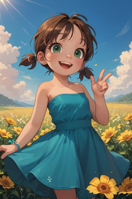 score_9,score_8_up,score_7_up,
1girl, solo, possmach, female child, happy, brown hair in short twintails, green eyes, strapless blue dress, flowers, sunshine, blue sky,
<lora:princess_xl_v2:1>
<lora:PossumMachine_v2:1>