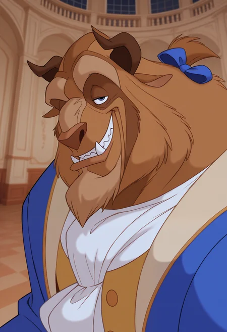 masterpiece,best quality,amazing quality, 1boy, solo, b34st, furry, beast's tailor suit, blue hair bow, white ascot, yellow vest, close up, side angle, smirk, mansion,