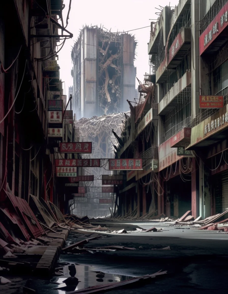 Post-Apocalyptic Wasteland, Ruined Cities, Survival Scavengers, Barren Landscapes, Environmental Collapse, Grim Futures. <lora:NEOTOKIOXL_0.2_RC:0.9>
