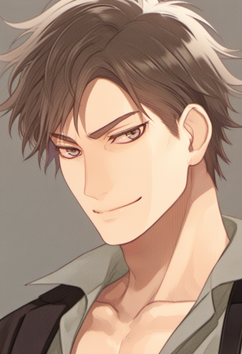 embedding:SmoothNoob_Quality, 1boy, mrk4_hjm3, brown_mhjm3_hair, brown_mhjm3_eyes, mature male, male focus, anime coloring, muscular male, grey background, close up, looking at viewer, smile,