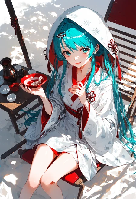 score_9,score_8_up,score_7_up,,source_anime BREAK, 1girl, solo,, s1_dram, from above, on beach chair, , , SHM13, hatsune miku, 1girl, NOwataboushi, uchikake, yuki miku, japanese clothes, solo, kimono, hood, sakazuki, long hair, smile, aqua hair, sake, white background<lora:S1_Dramatic_Lighting_v2:0.8>,<lora:éªãã¯13:1>