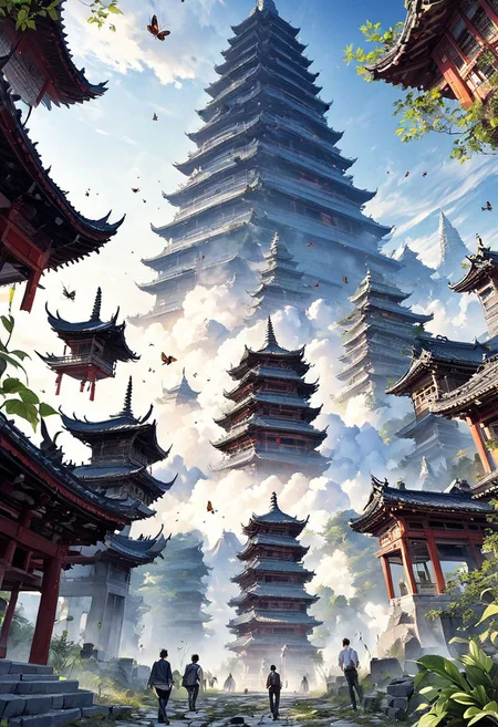 bug, sky, pagoda,temple,  torn pants, multiple boys, forehead mark, blurry, plant