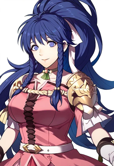 score_9, score_8_up, score_7_up, source_anime BREAK 1girl, solo, <lora:zs_FE3HPortraitsXL:1> fe3hportraits, upper body, white background,<lora:TanaFE-pdxl:1> defTana, long hair, high ponytail, hair ribbon, twin braids, neck ring, pink dress, large breasts, white belt, short dress, pauldrons, white gloves, bracelet, smile