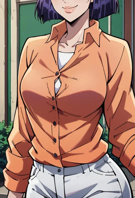 score_9, score_8_up, score_7_up, outdoors, close-up, 1girl, Tomoko Higashikata, orange shirt, button-up shirt, white pants, standing, looking at viewer, smile, light skin, big breasts, wide hips, correct hands, (highest quality, perfect quality, best quality, highly detailed, intricate detail, beautiful eyes, detailed face and eyes, perfect background, detailed background, detailed body, detailed anatomy, perfect anatomy, high-contrast),