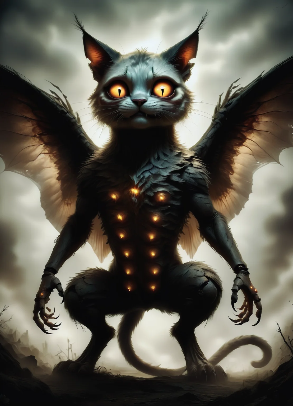 DonMGl00myN1gh7m4r3XL,score_9, score_8_up, score_7_up, score_6_up, compact glowing markings tendrilous futuristic feline sentient being, multipedal decamanual, clawed appendages, quadrifurcated-tailed, bushy-tailed, fur, griffin wings, , , creepy, gloomy, rating_safe <lora:DonMGl00myN1gh7m4r3XL:0.65>