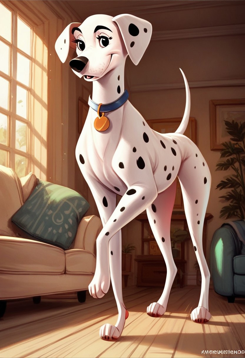 score_9, score_8_up, score_7_up, score_6_up, score_5_up, score_4_up, solo, perdita101, dog, dalmatian, standing, looking at viewer, living room